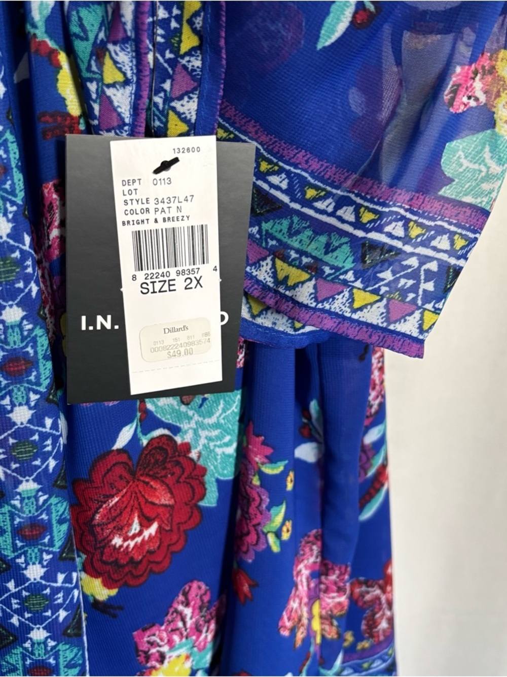 New I.N. Studio Women's 2X Blue Floral Boho Peasant Flowy Blouse - Picture 3 of 7